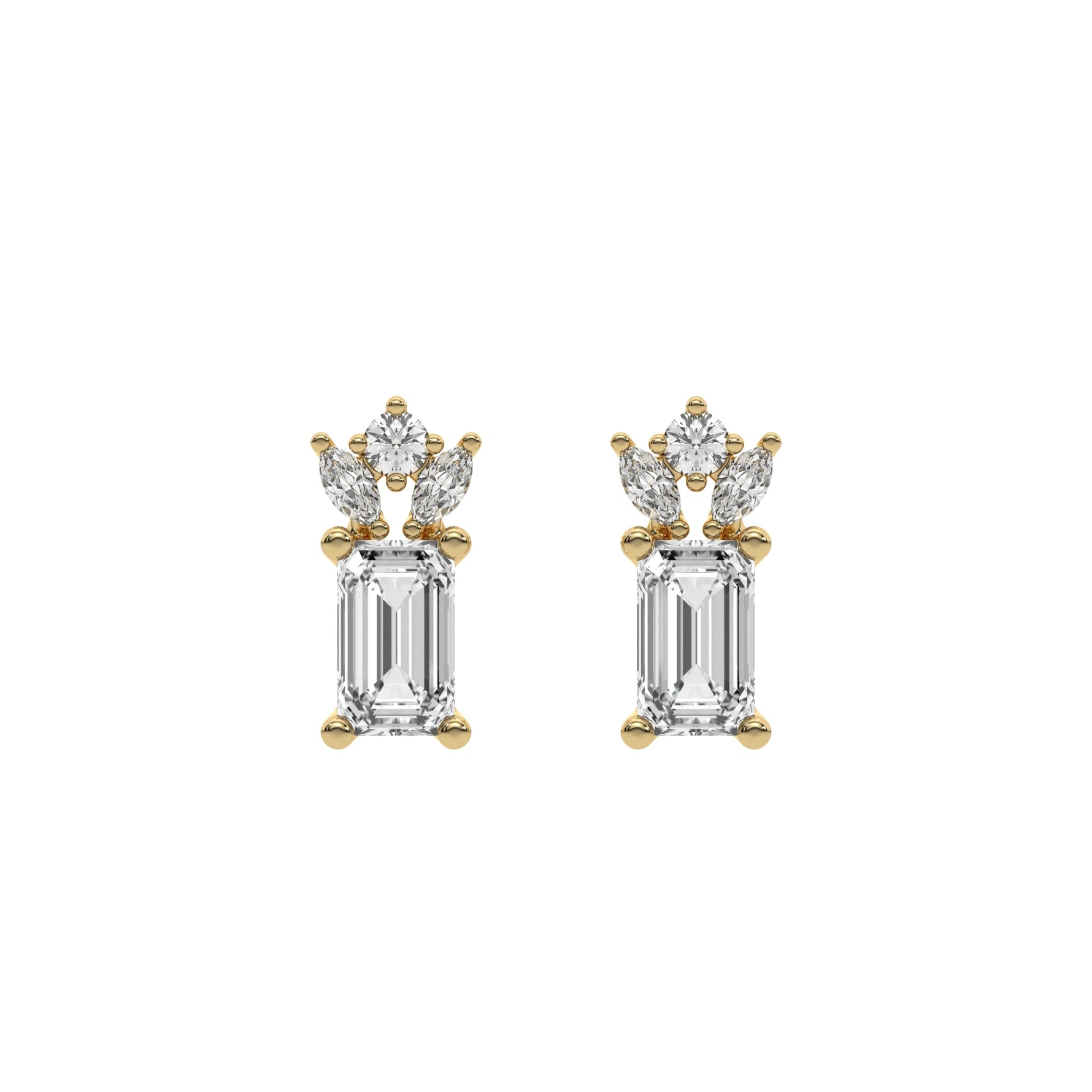 18k Yellow gold natural emerald cut diamond cluster studs  set in a prong setting.