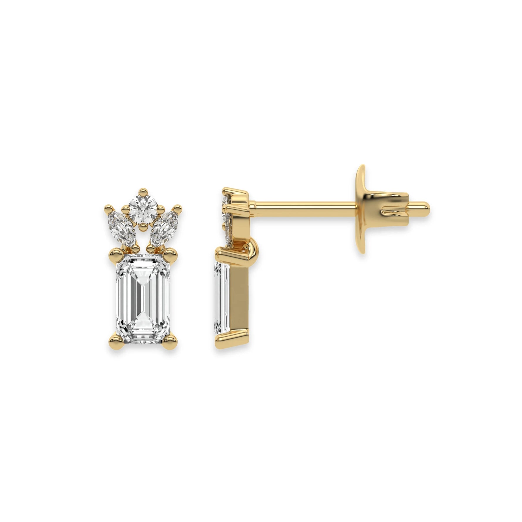 This yellow gold Cluster Diamond Studs made with three different cuts of diamonds, emerald, marquise and round. The unique combination of different shapes forms a unique cluster design and all set in a prong setting in top view and side view