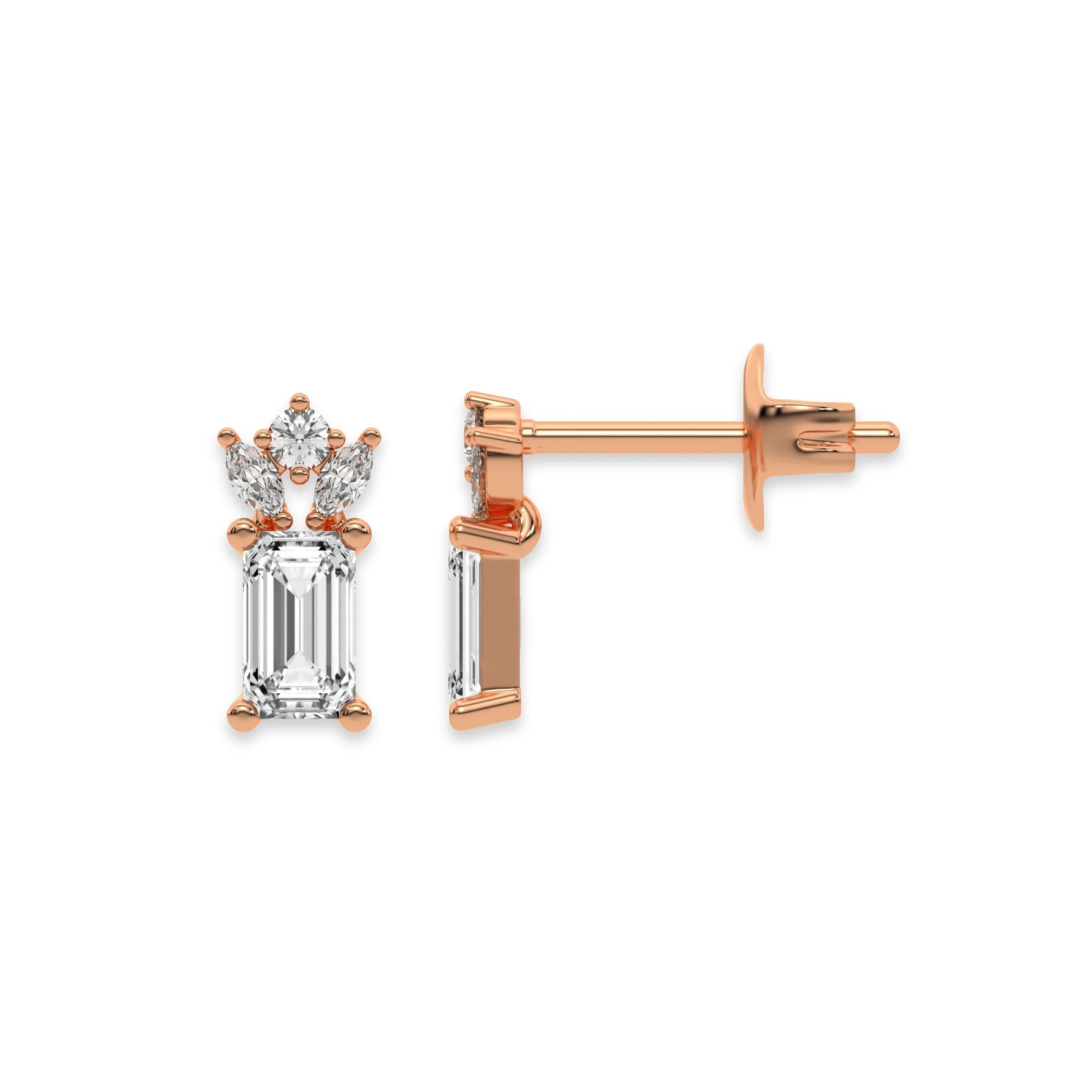 This rose gold Cluster Diamond Studs made with three different cuts of diamonds, emerald, marquise and round. The unique combination of different shapes forms a unique cluster design and all set in a prong setting in top view and side view