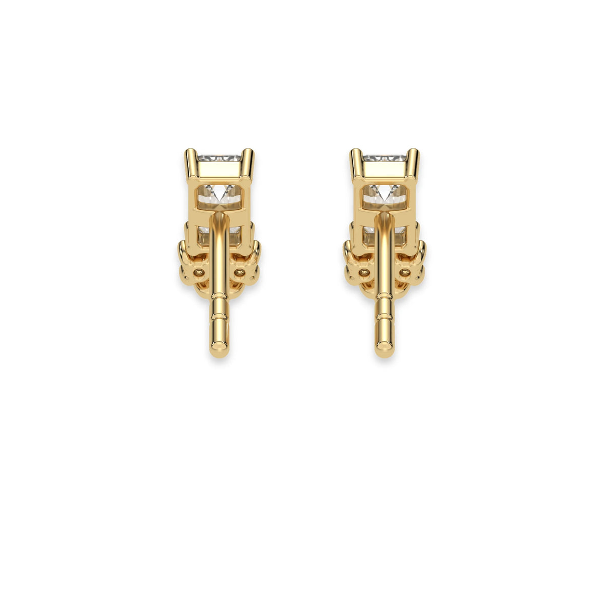 This yellow gold Cluster Diamond Studs made with two different cuts of diamonds, emerald and round. The unique combination of different shapes forms a unique cluster design and all set in a prong setting in back view