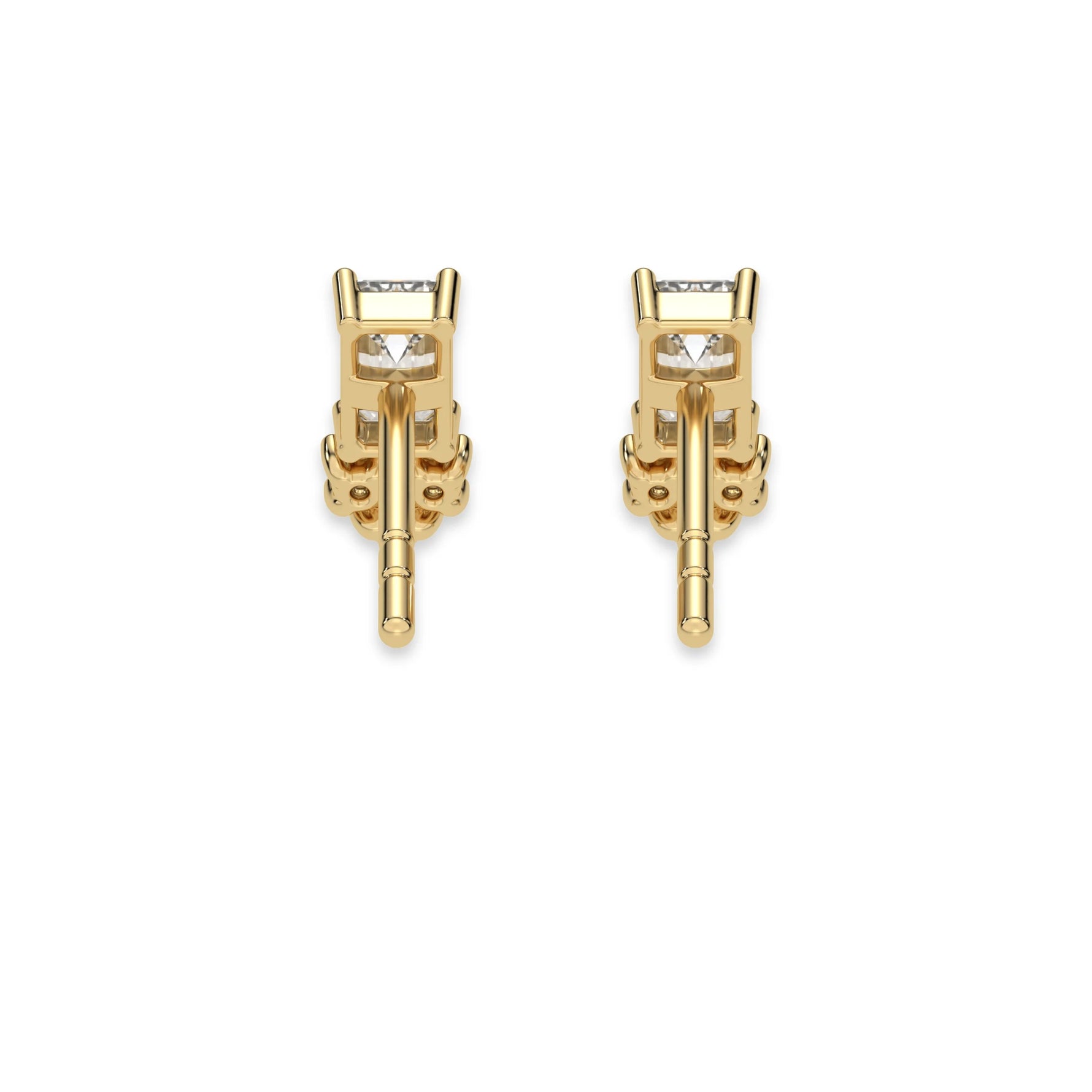 This yellow gold Cluster Diamond Studs made with two different cuts of diamonds, emerald and round. The unique combination of different shapes forms a unique cluster design and all set in a prong setting in back view