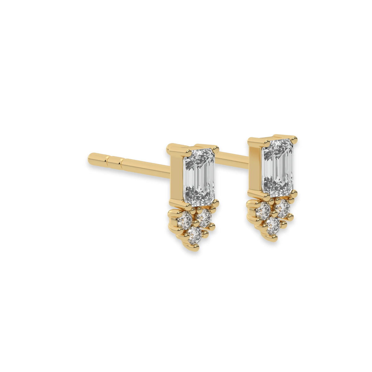 This yellow gold Cluster Diamond Studs made with two different cuts of diamonds, emerald and round. The unique combination of different shapes forms a unique cluster design and all set in a prong setting in side view