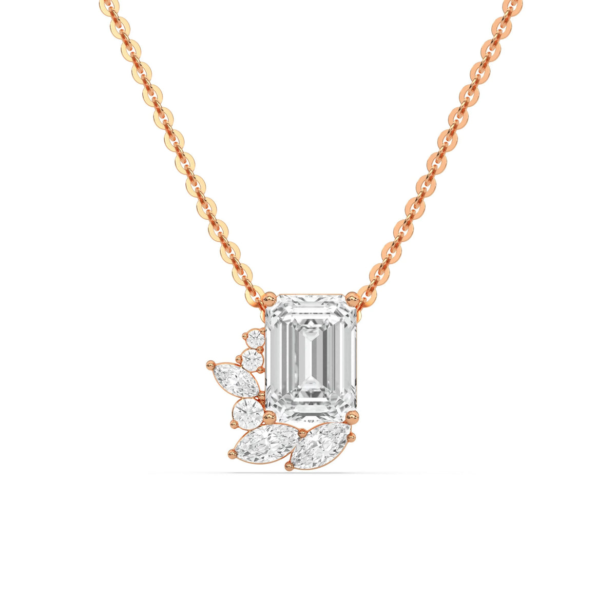 18K Rose Gold Emerald, Round and Marquise Diamond Cluster Pendant