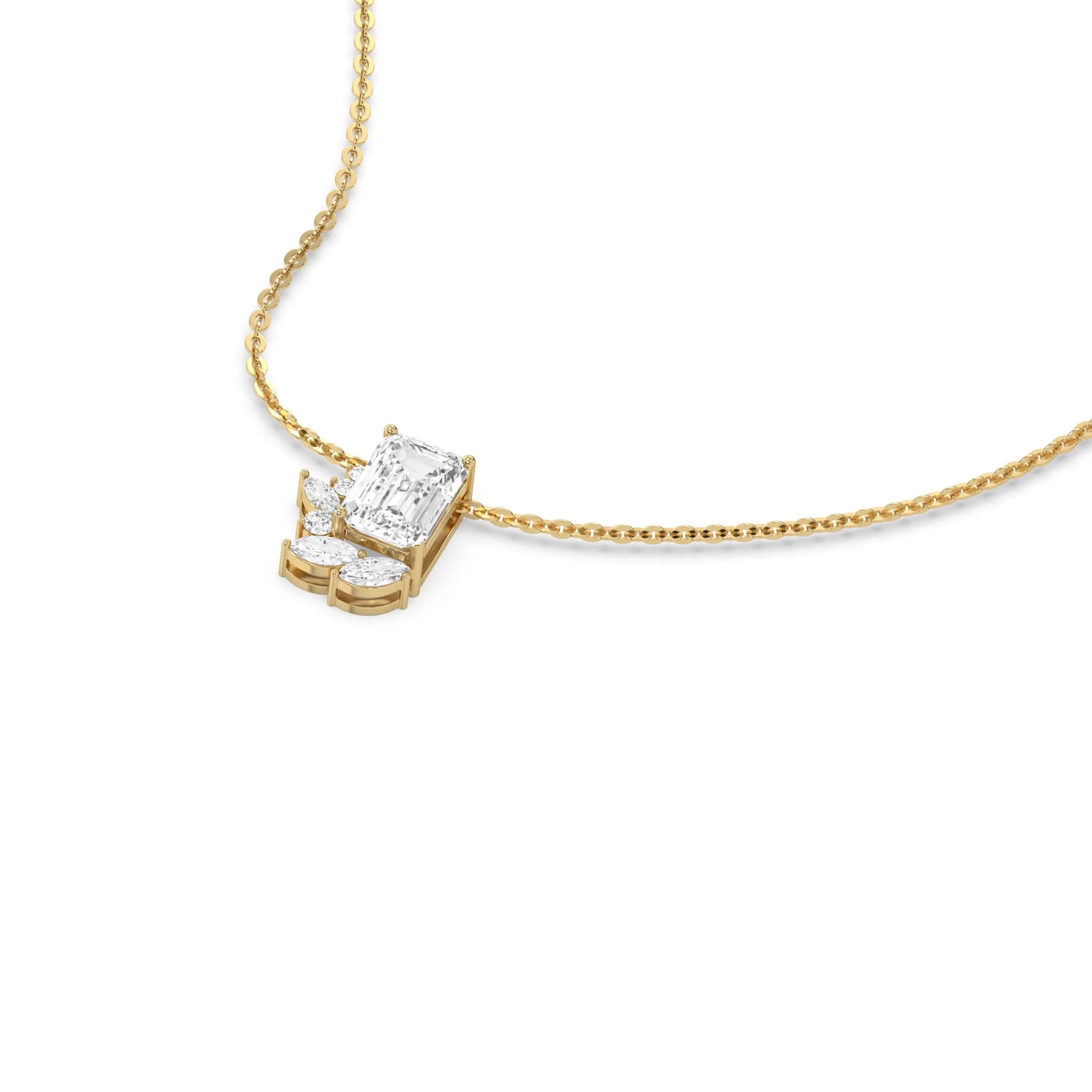 18K Yellow Gold Emerald, Round and Marquise Diamond Cluster Pendant