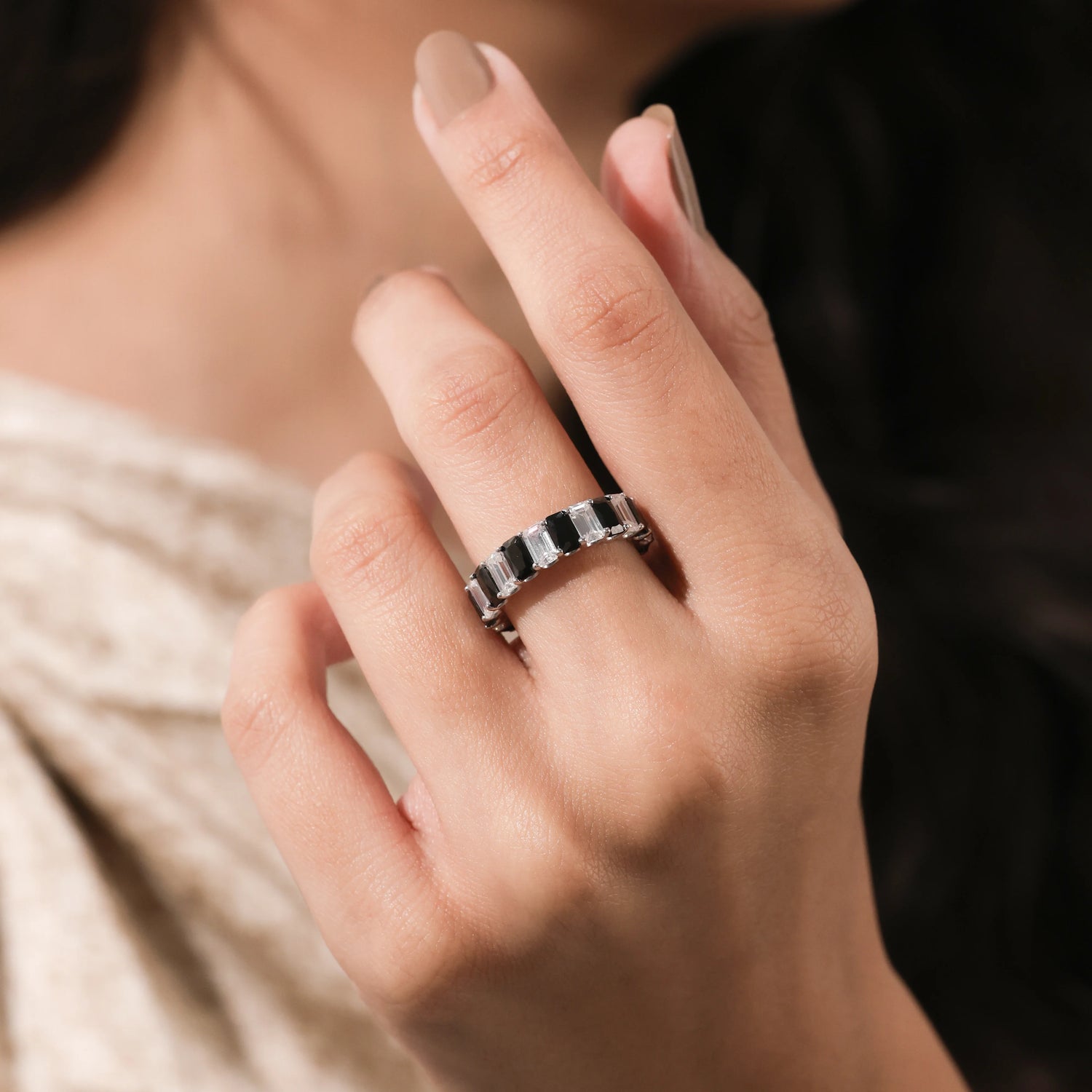 6.60 CT Emerald Black and White Diamond Eternity Ring