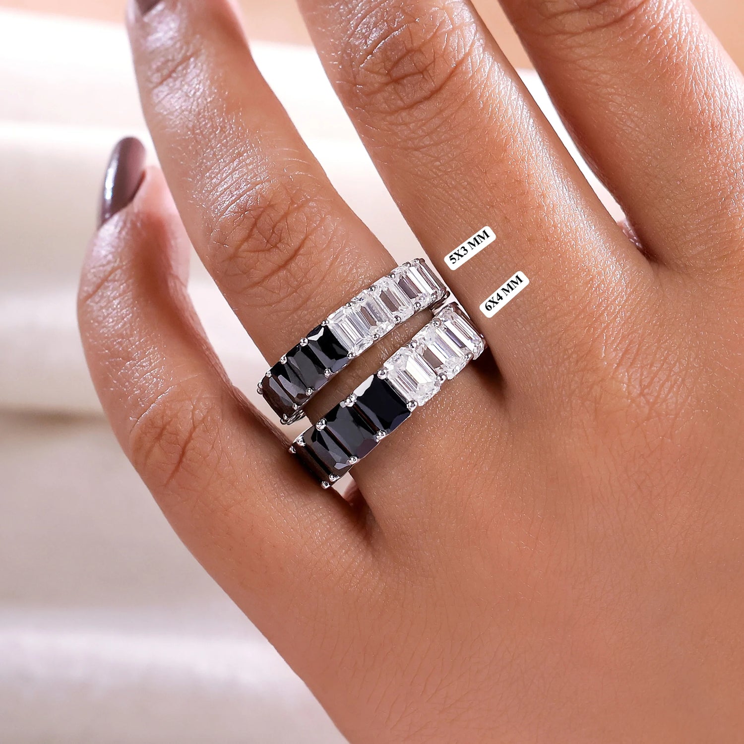 Emerald Cut Natural Black and White Lab Grown Diamond Eternity Ring