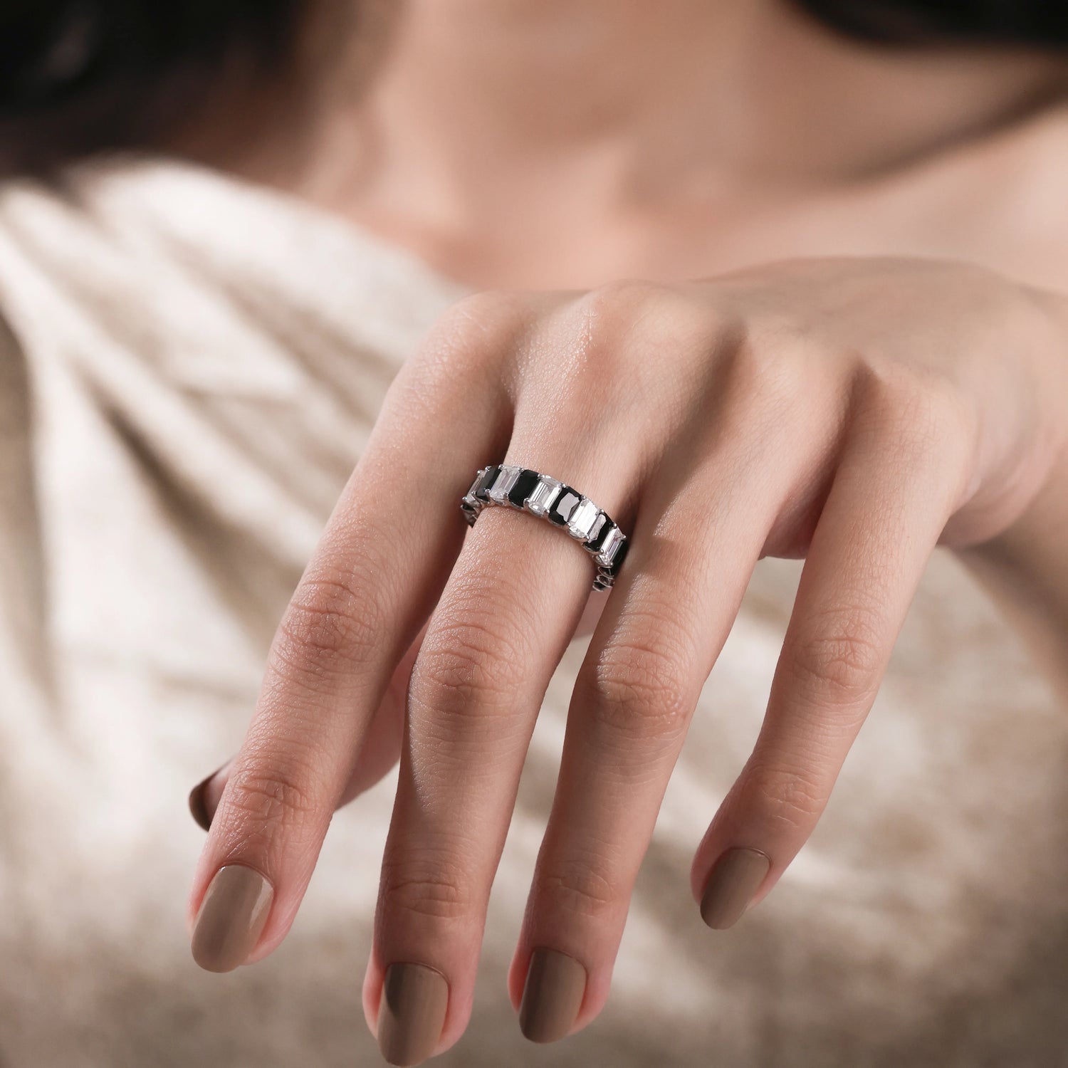 5.10 CT Emerald Black and White Diamond Eternity Ring