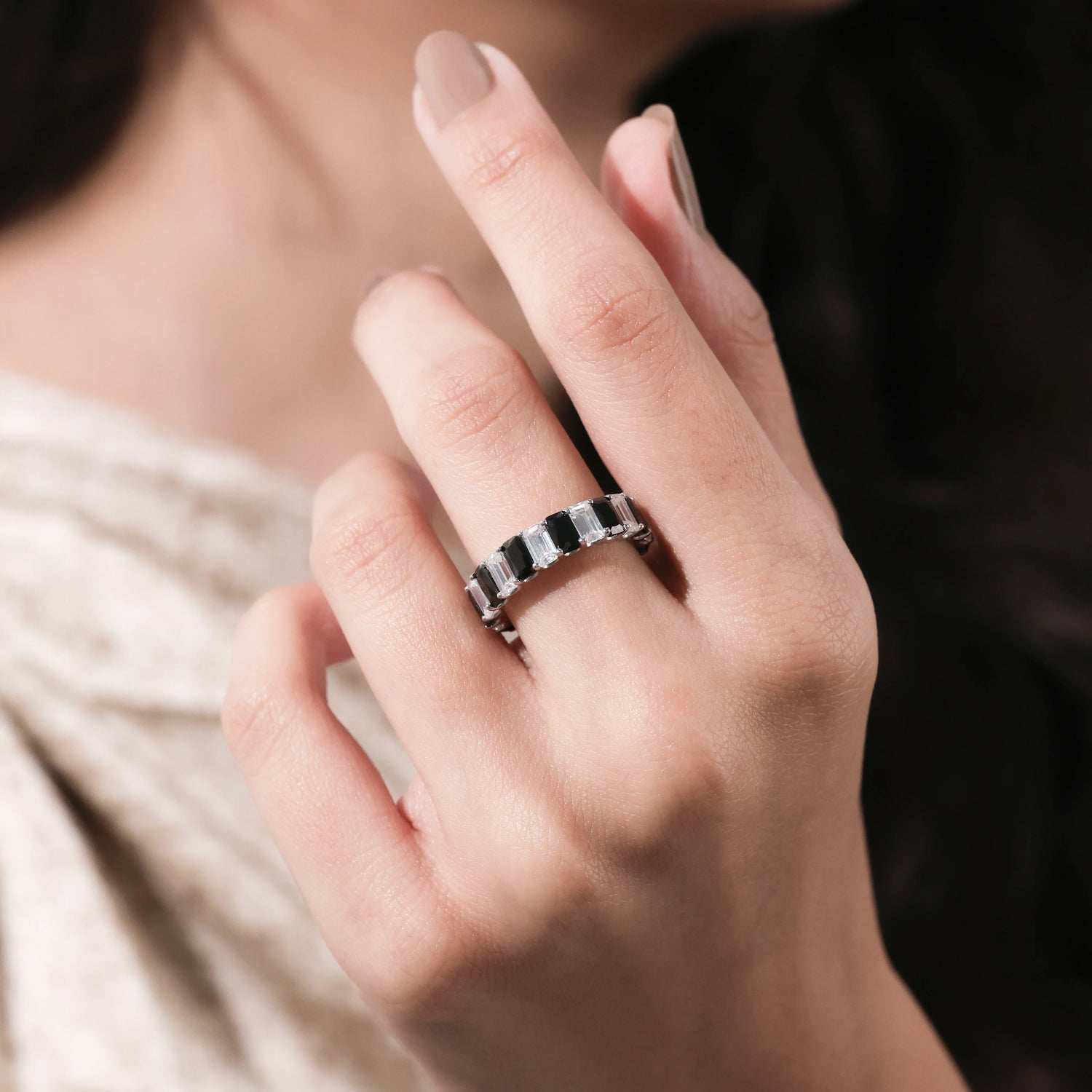 3 CT Emerald Black and White Diamond Eternity Ring