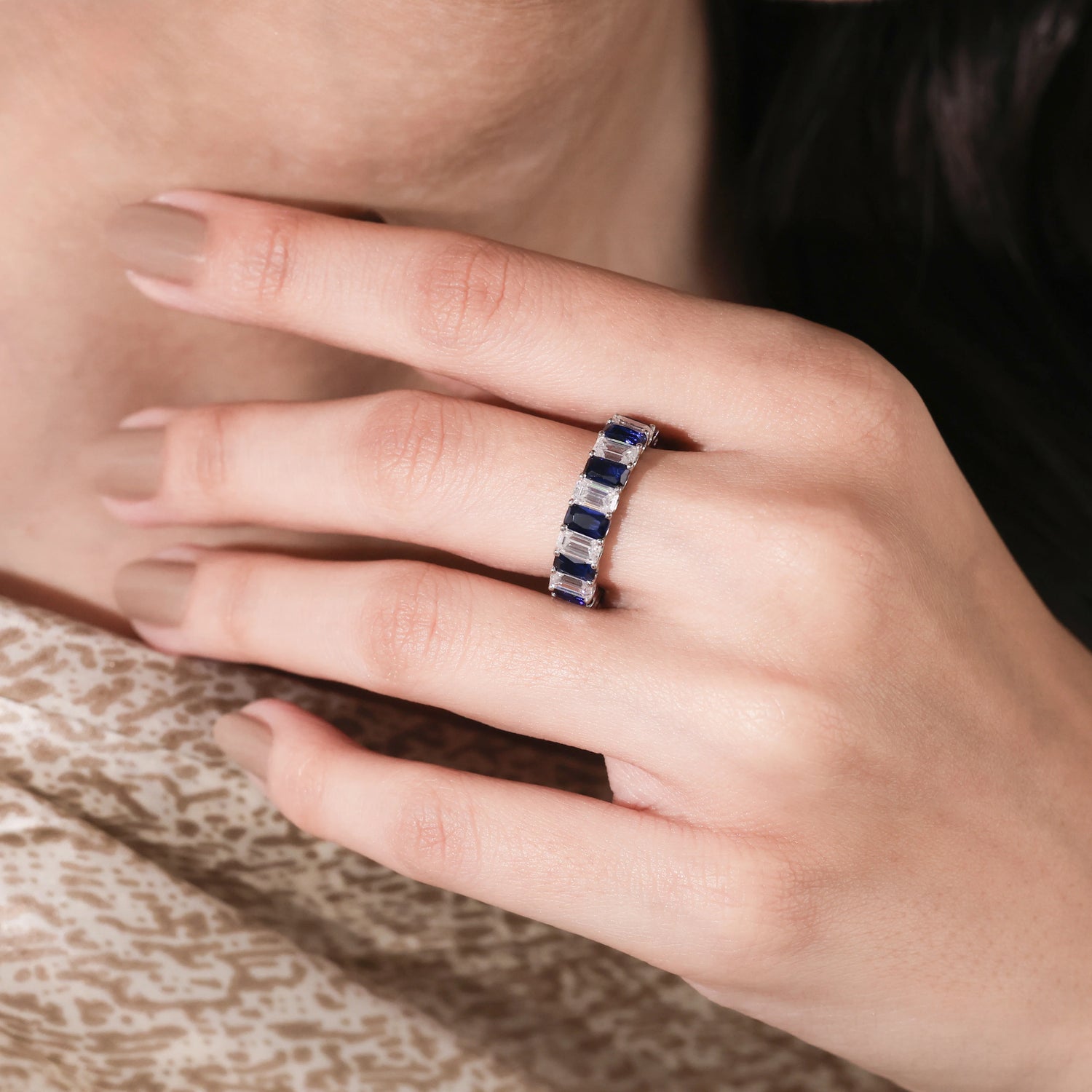 Emerald Cut Lab Diamonds and Lab Blue Sapphire Gemstone Eternity Ring