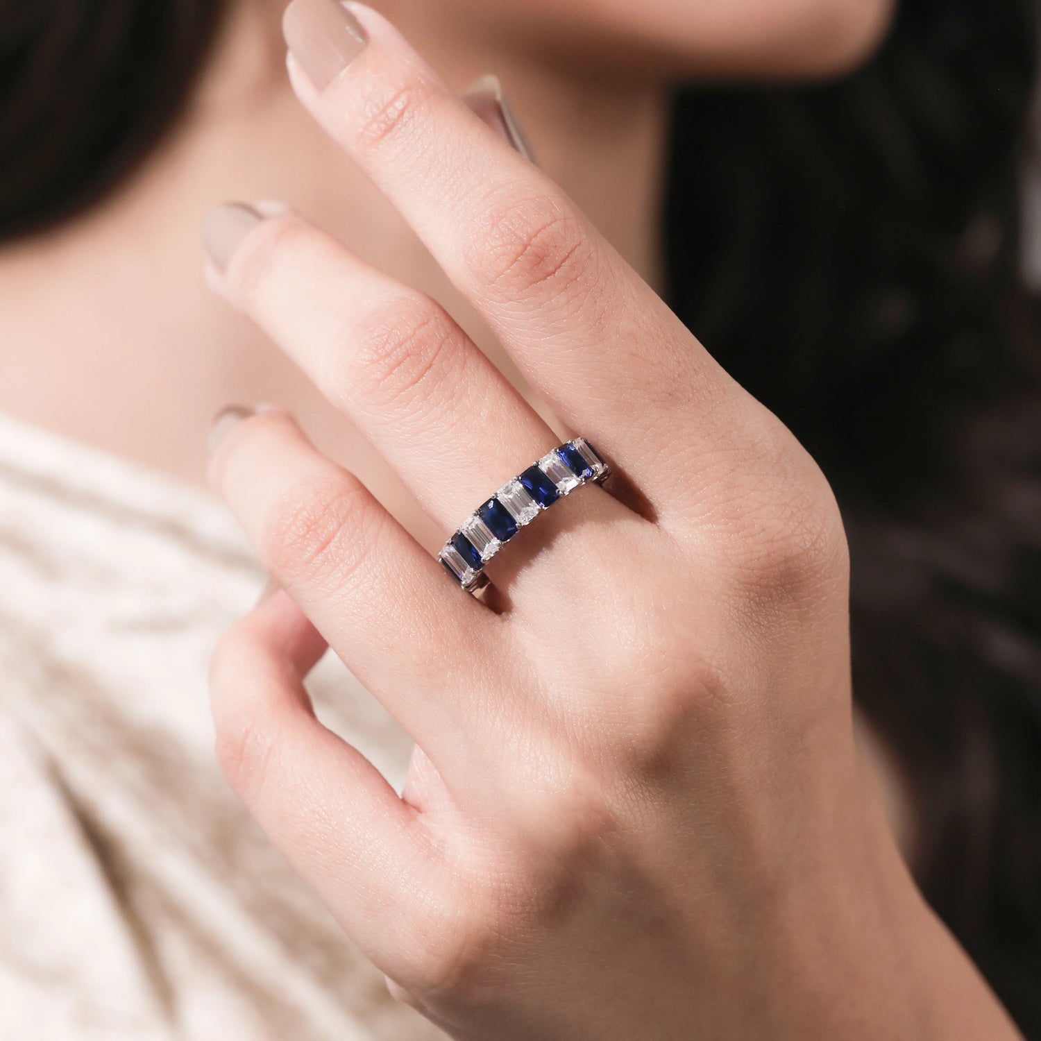 Emerald cut Lab Blue Sapphire and Diamond Eternity Ring