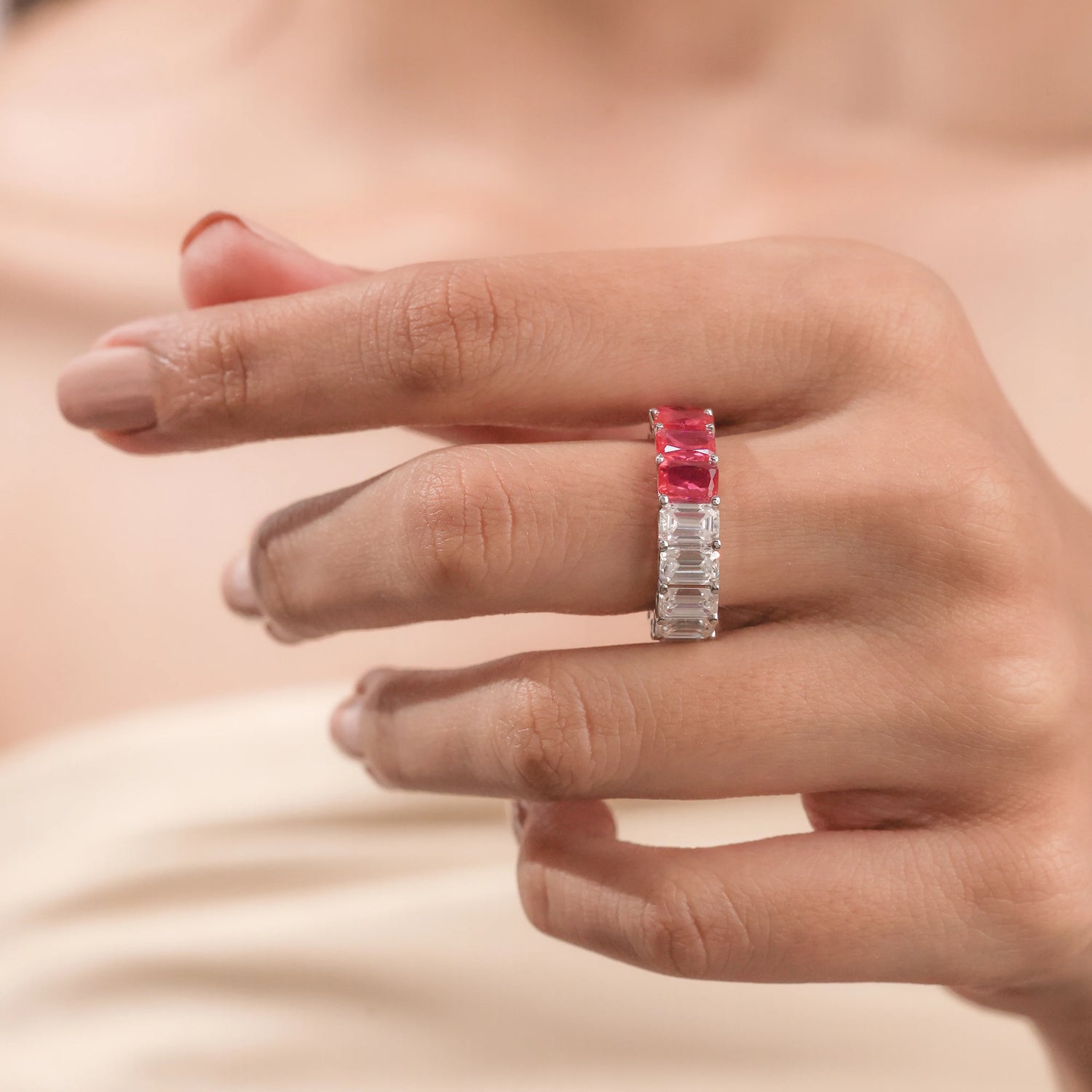 Emerald cut Lab Diamond and Ruby Eternity Ring