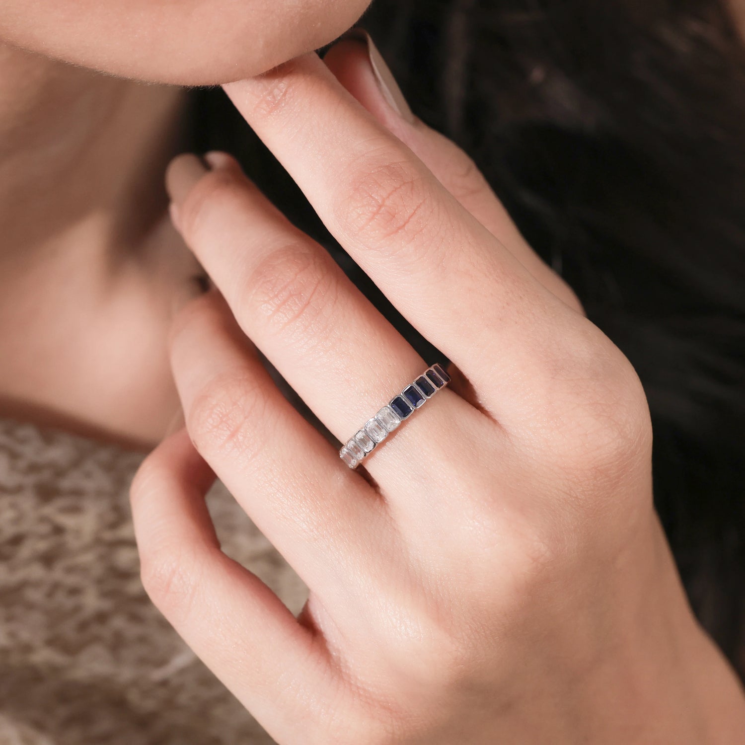 Emerald cut Lab Diamond and Lab Blue Sapphire Eternity Ring