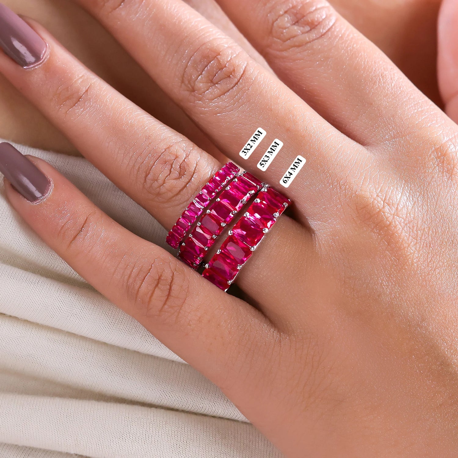 Emerald Shape Lab Ruby Gemstone Eternity Ring