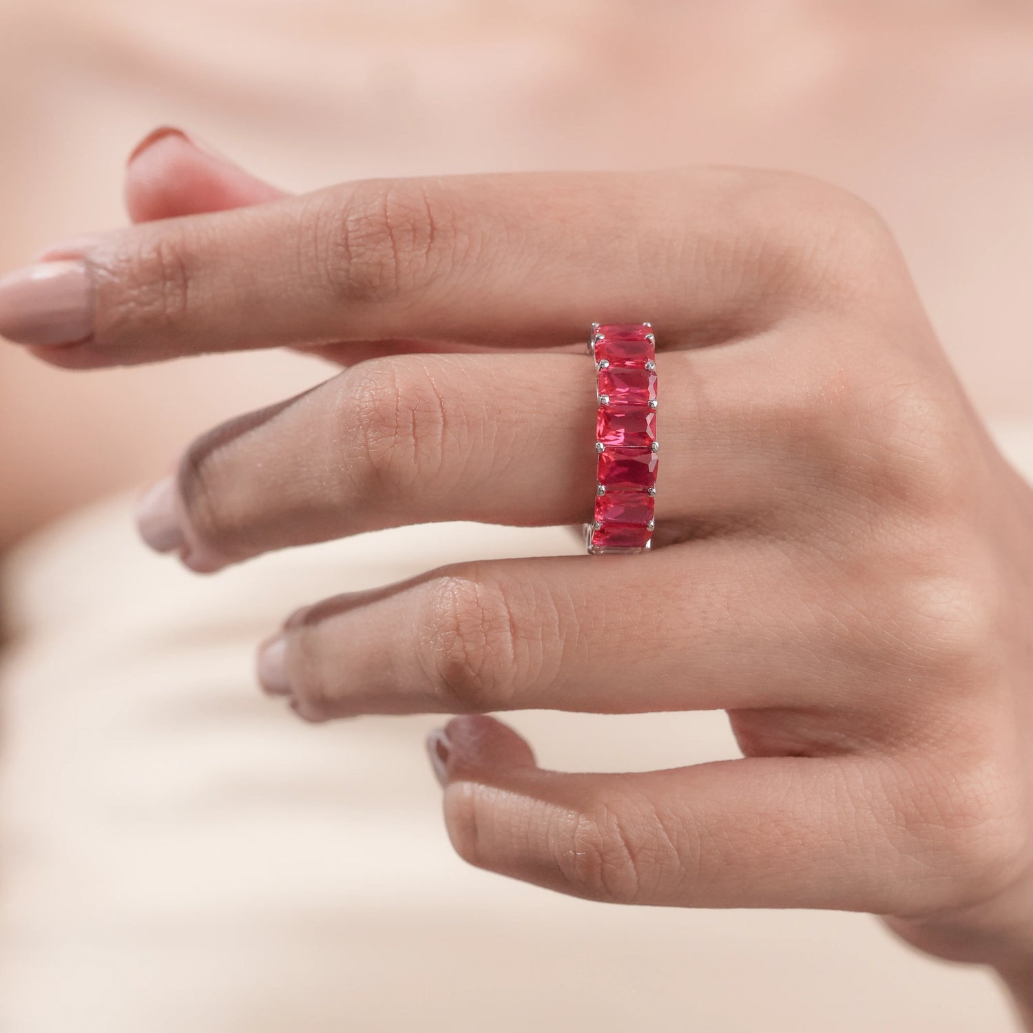 Emerald Cut Natural Ruby Gemstone Eternity Wedding Ring
