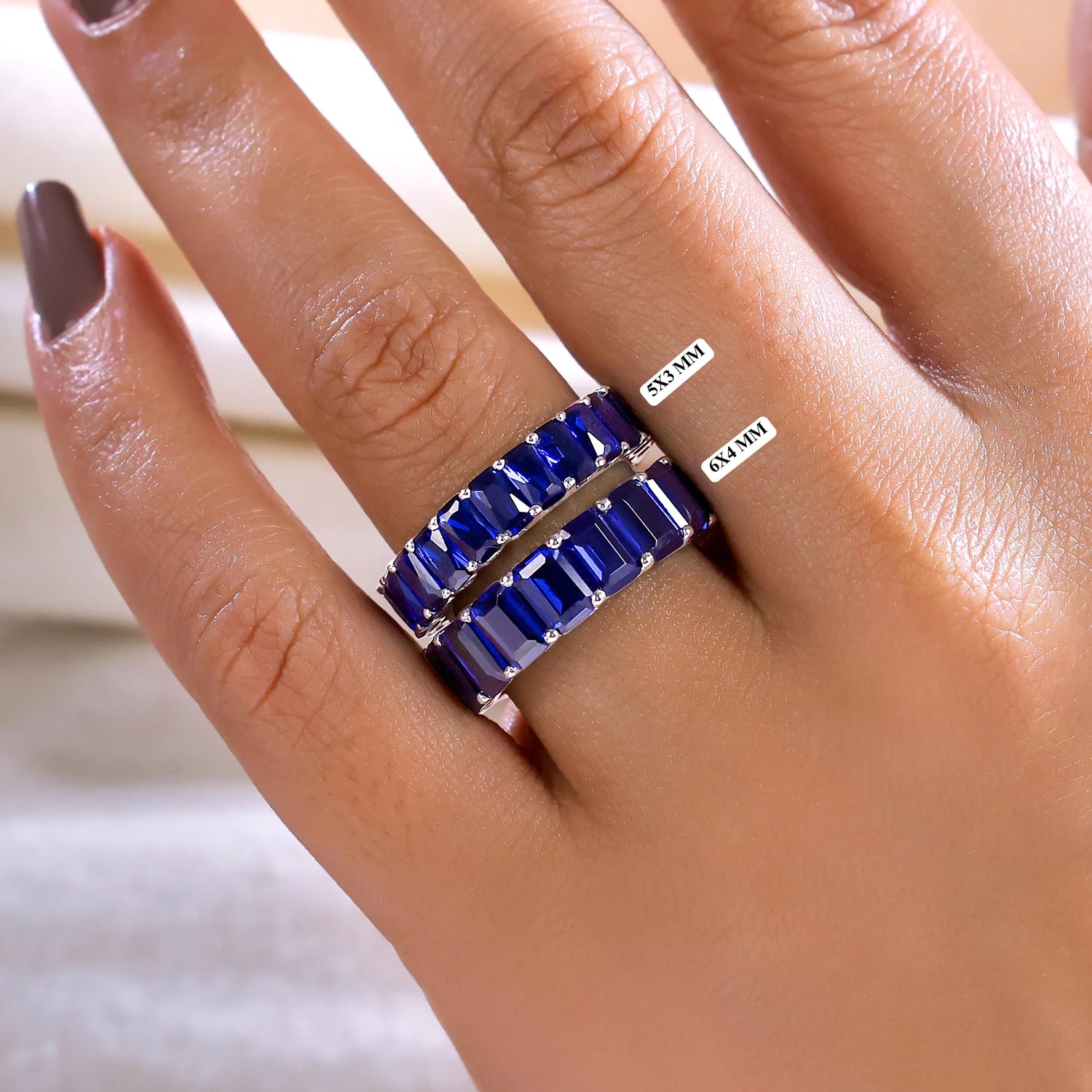 Emerald cut Lab created Blue Sapphire Full Eternity Ring