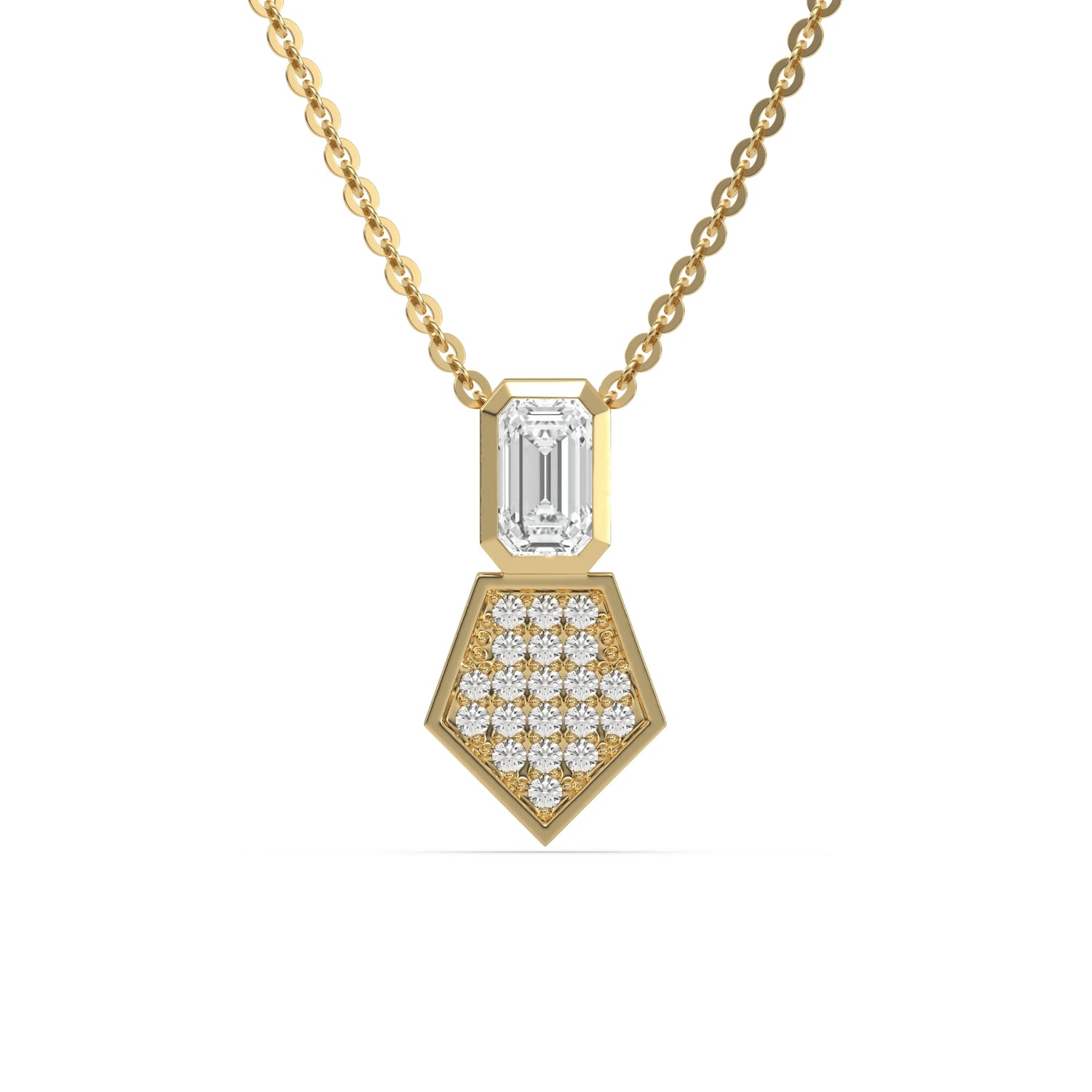 18K Yellow Gold Emerald and Round Cluster Necklace