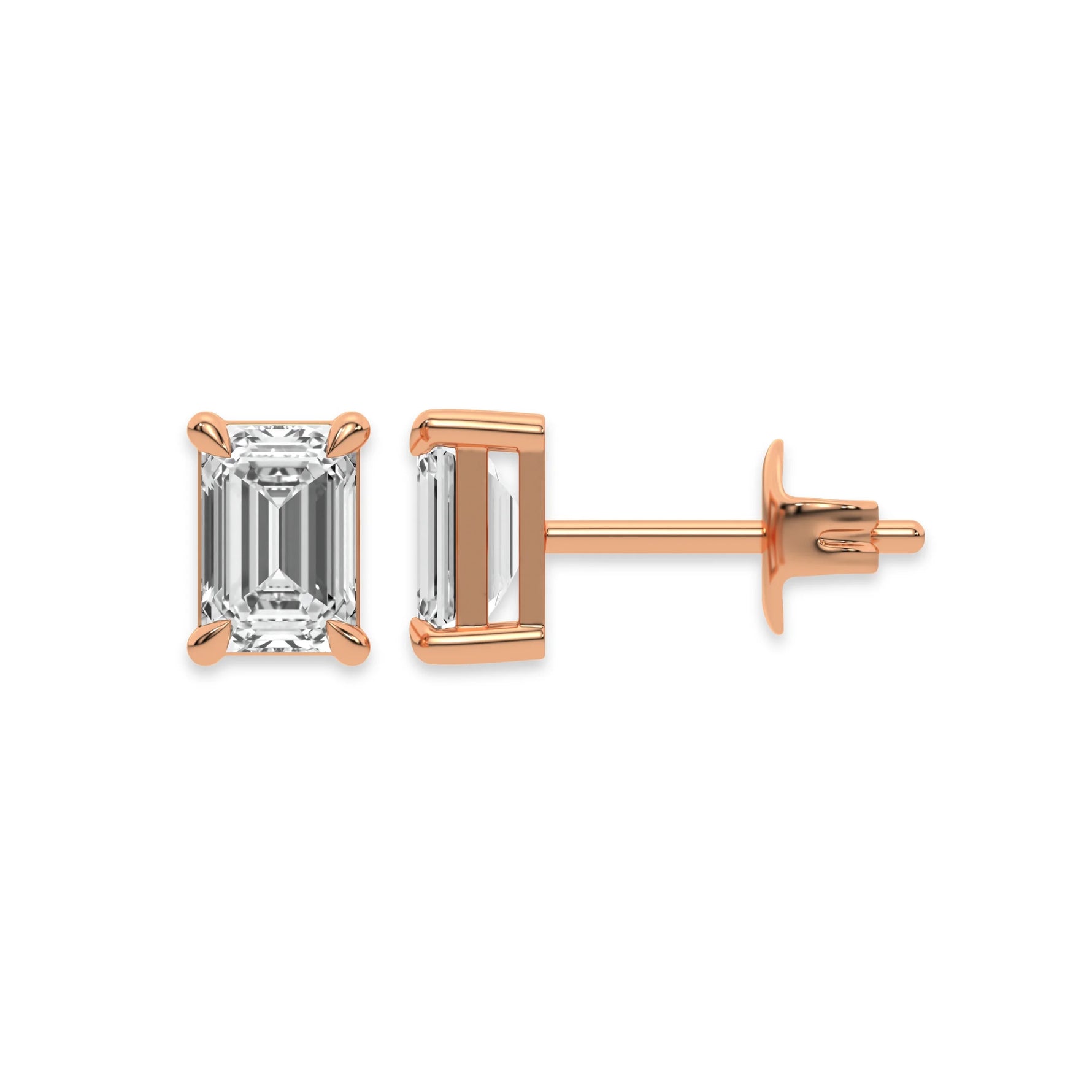 This rose gold Classic Emerald Diamond Earrings made with an emerald-cut diamonds set in a four prong setting in top view and side view