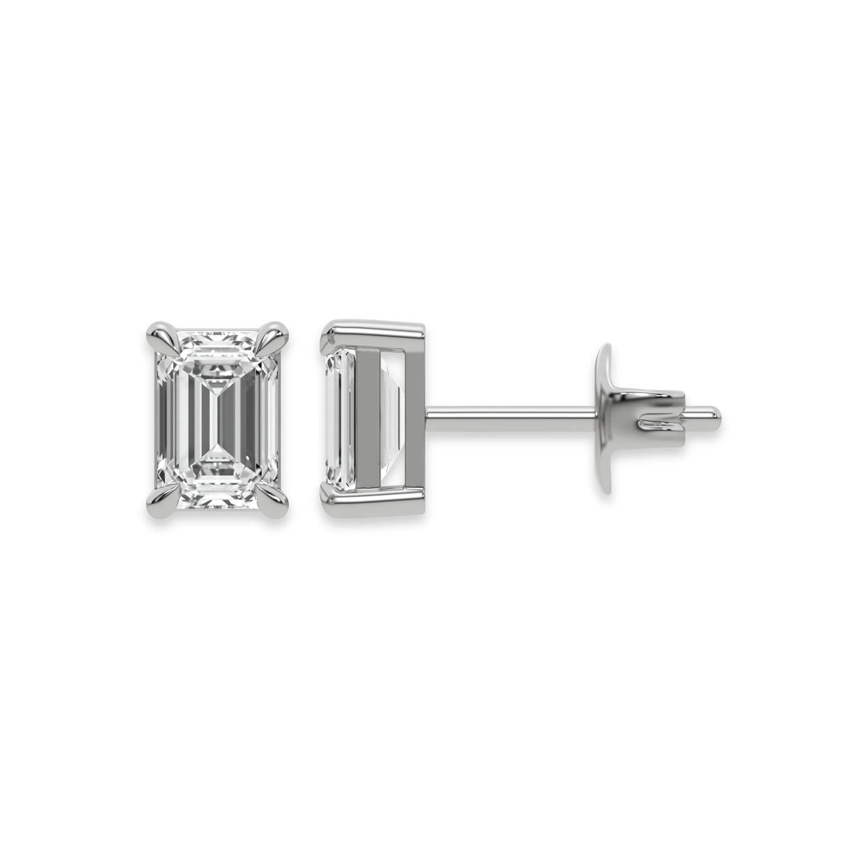 This white gold Classic Emerald Diamond Earrings made with an emerald-cut diamonds set in a four prong setting in top view and side view