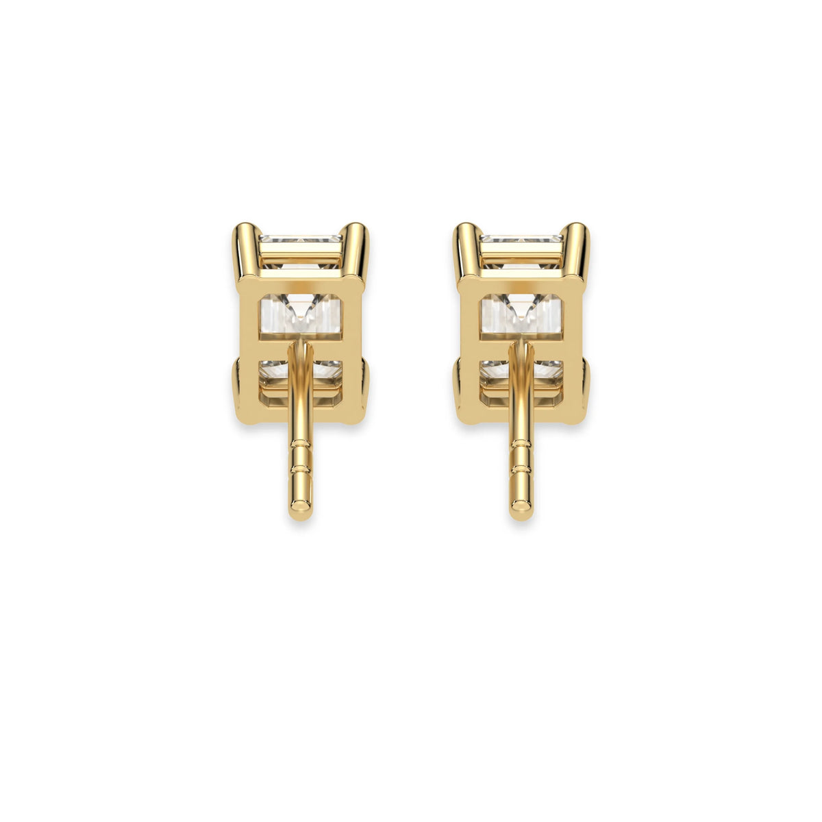 This yellow gold Classic Emerald Diamond Earrings made with an emerald-cut diamonds set in a four prong setting in back view