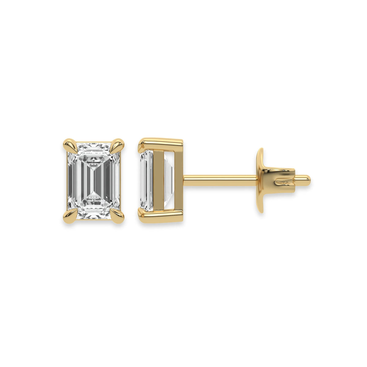 This yellow gold Classic Emerald Diamond Earrings made with an emerald-cut diamonds set in a four prong setting in top view and side view