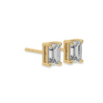 This yellow gold Classic Emerald Diamond Earrings made with an emerald-cut diamonds set in a four prong setting in side view