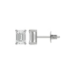 Detailed front and side profile shot of a step-cut Emerald diamond stud earring in prong-set and 18K white gold fine jewelry.