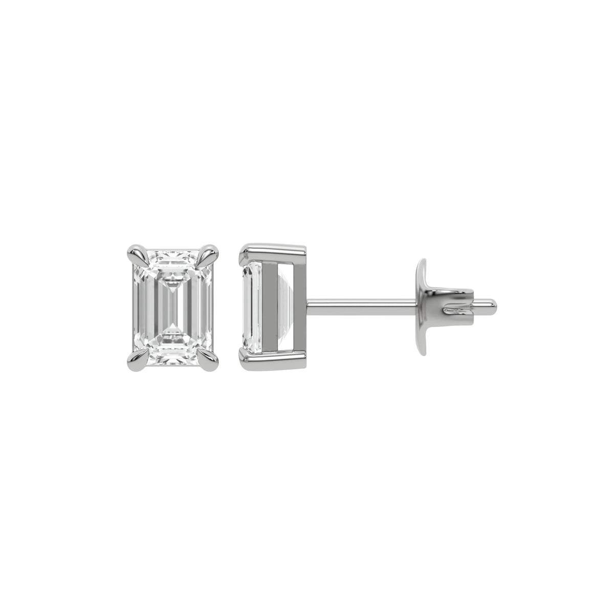 Detailed front and side profile shot of a step-cut Emerald diamond stud earring in prong-set and 18K white gold fine jewelry.