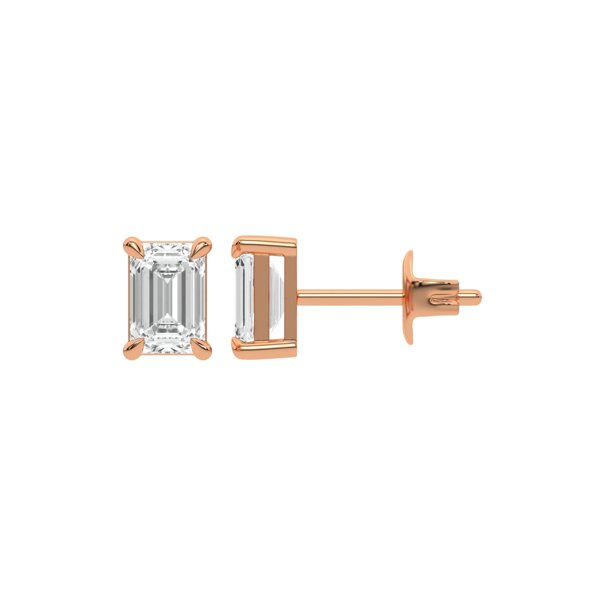 Detailed front and side profile shot of a step-cut Emerald diamond stud earring in prong-set and 10K rose gold fine jewelry.