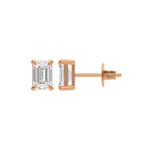Detailed front and side profile shot of a step-cut Emerald diamond stud earring in prong-set and 10K rose gold fine jewelry.