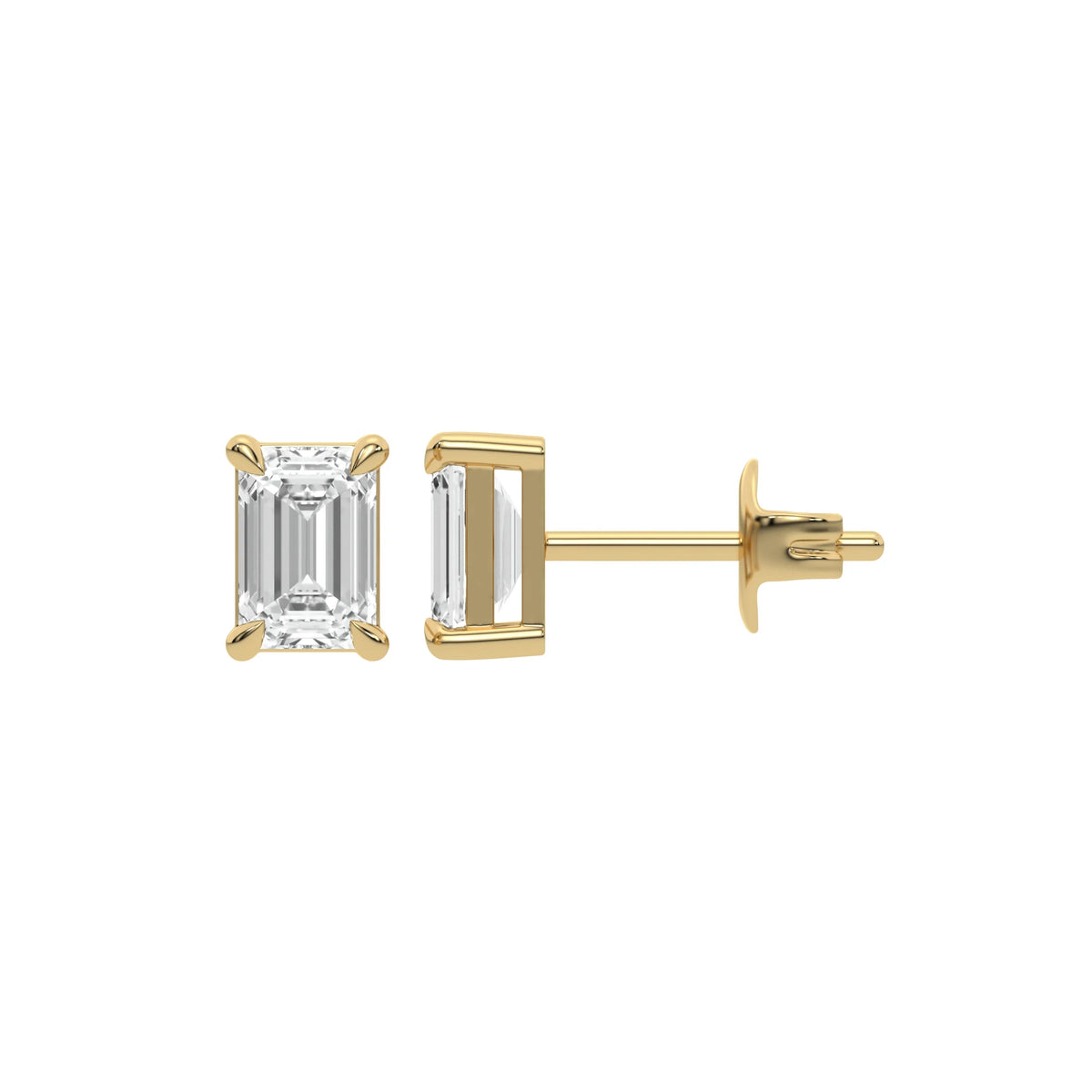 Detailed front and side profile shot of a step-cut Emerald diamond stud earring in prong-set and 14K yellow gold fine jewelry.