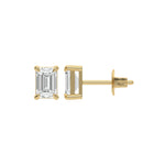 Detailed front and side profile shot of a step-cut Emerald diamond stud earring in prong-set and 14K yellow gold fine jewelry.
