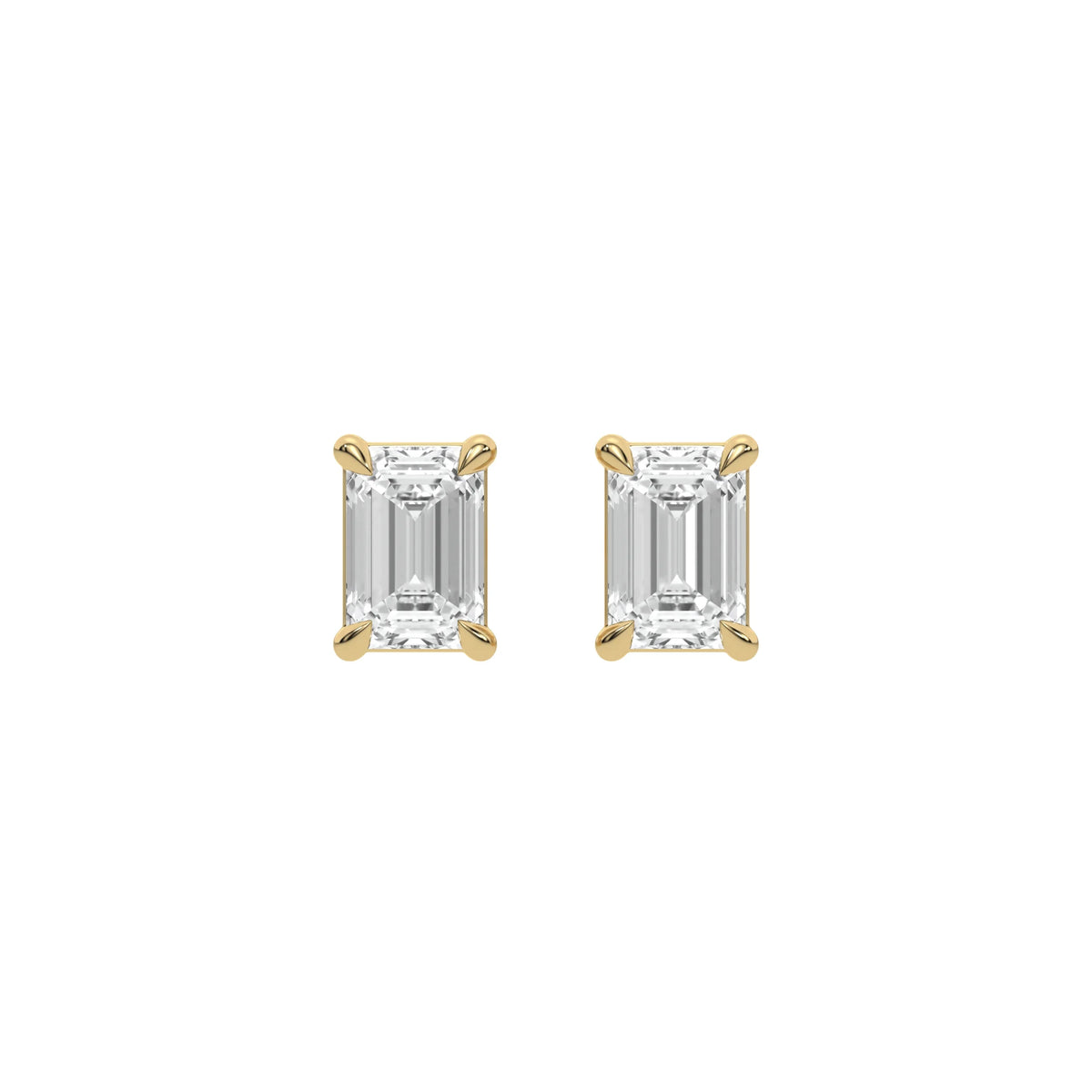 Front view of a brilliant Emerald diamond stud earring in prong-set and yellow gold with a four-prong setting.