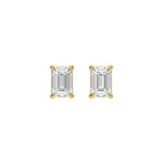 Front view of a brilliant Emerald diamond stud earring in prong-set and yellow gold with a four-prong setting.