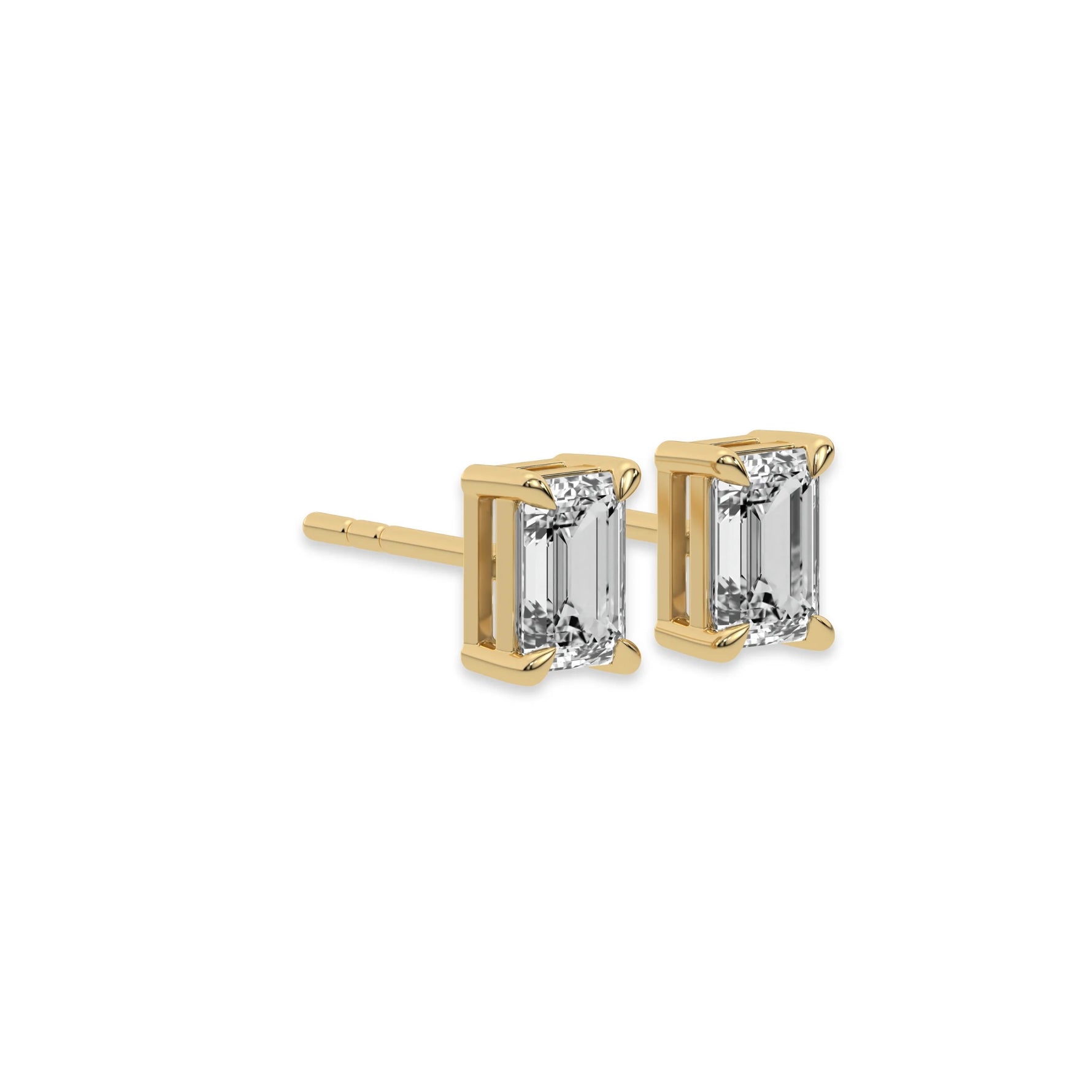 This yellow gold Classic Emerald Diamond Earrings made with an emerald-cut diamonds set in a four prong setting in side view