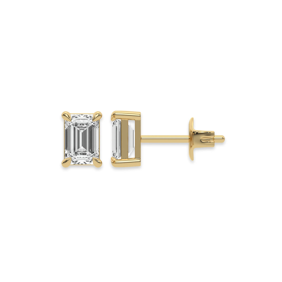 This yellow gold Classic Emerald Diamond Earrings made with an emerald-cut diamonds set in a four prong setting in top view and side view