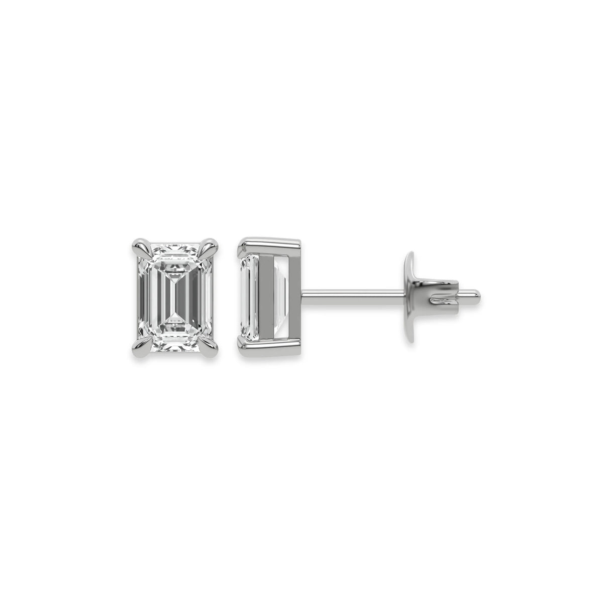 This white gold Classic Emerald Diamond Earrings made with an emerald-cut diamonds set in a four prong setting in top view and side view