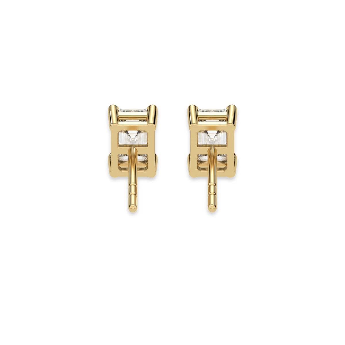 This yellow gold Classic Emerald Diamond Earrings made with an emerald-cut diamonds set in a four prong setting in back view