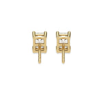 This yellow gold Classic Emerald Diamond Earrings made with an emerald-cut diamonds set in a four prong setting in back view