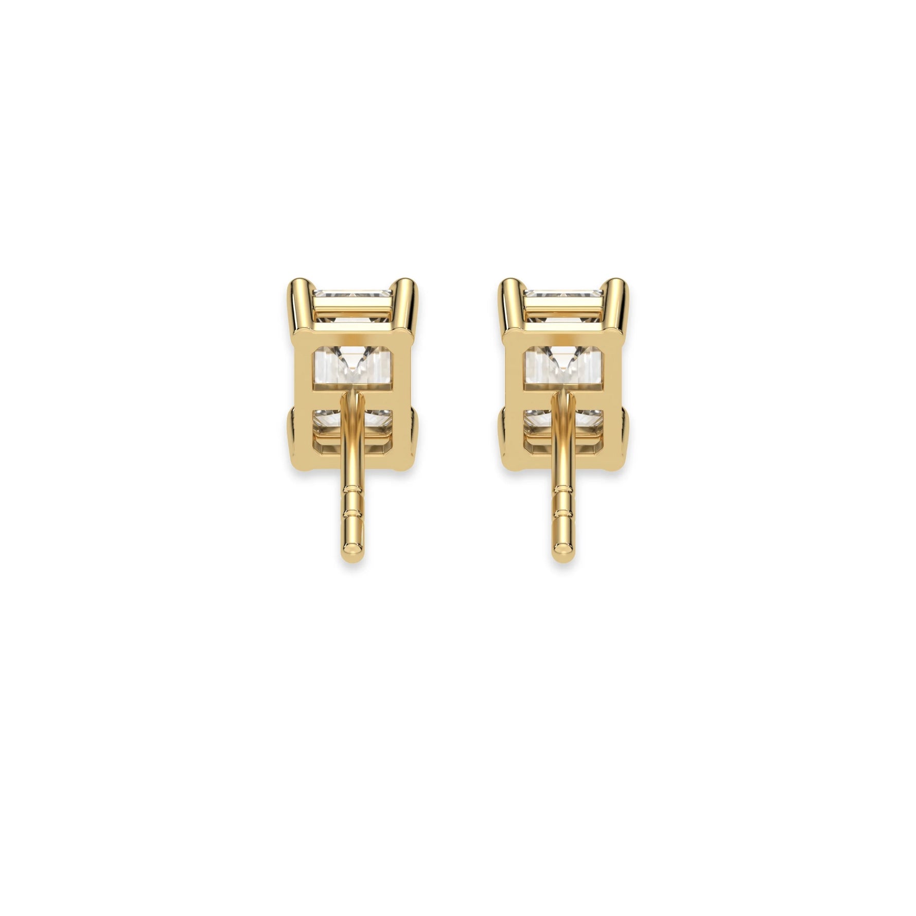 This yellow gold Classic Emerald Diamond Earrings made with an emerald-cut diamonds set in a four prong setting in back view