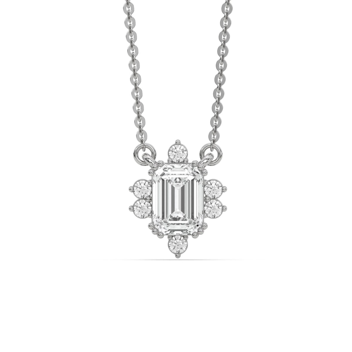 18K White Gold Emerald and Round Cut Diamond Starburst Pendant