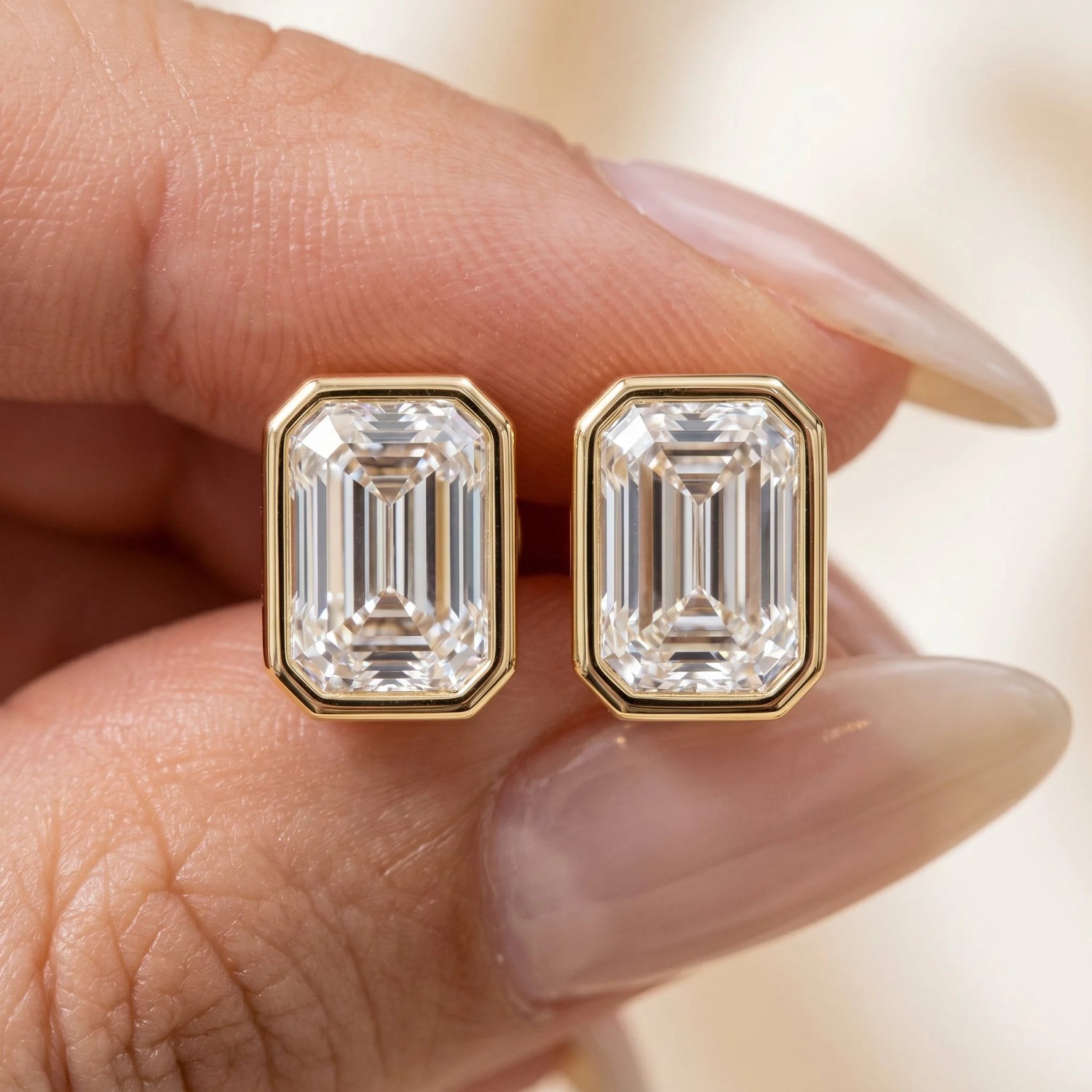2 CT Emerald Cut Lab Grown Diamond Bezel Set Stud Earrings