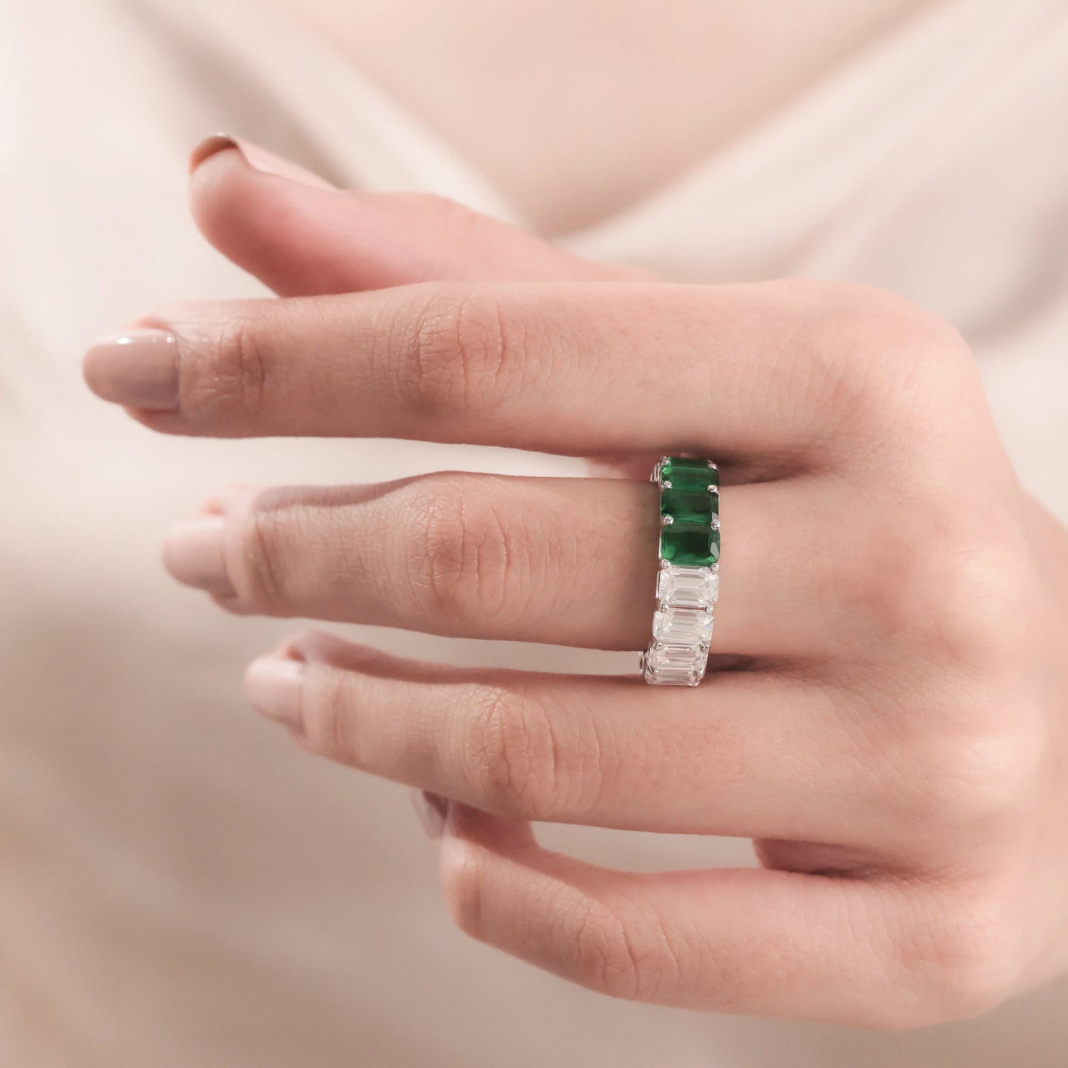 14K White Gold Emerald Gemstone Eternity Ring