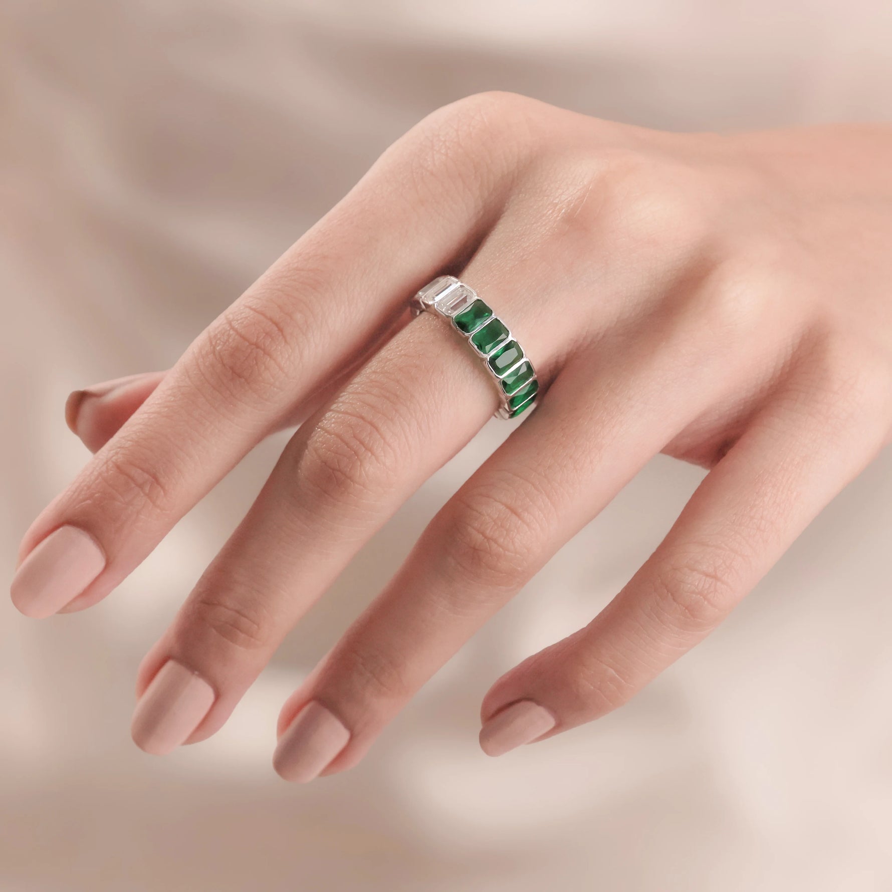 14K White Gold Emerald Diamond And Gemstone Full Eternity Ring