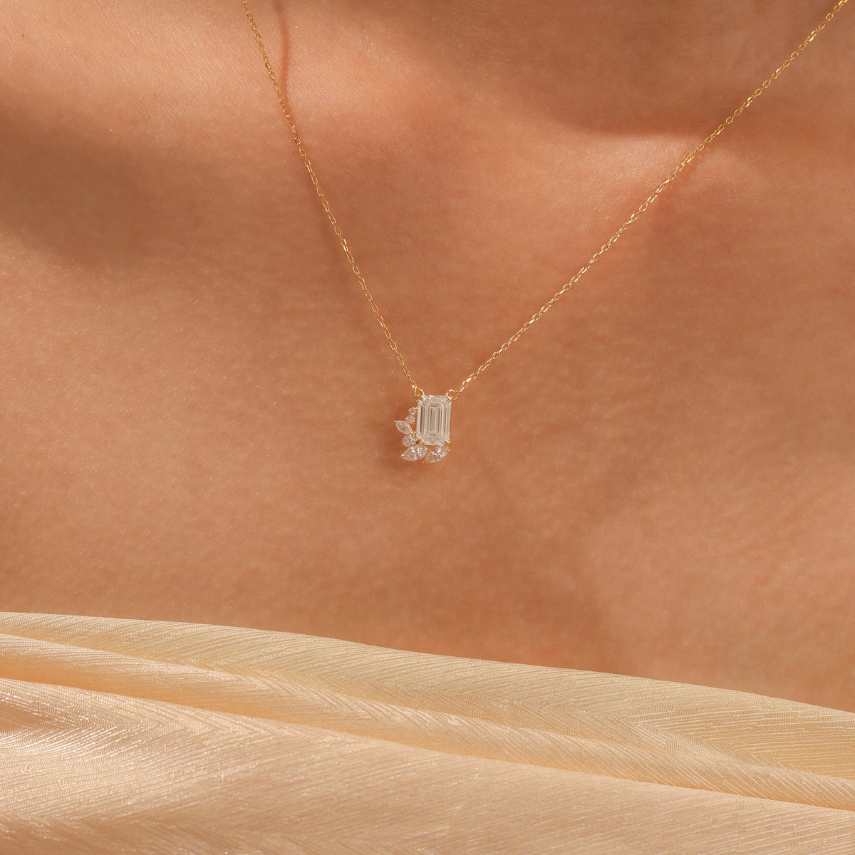 18K Yellow Gold Emerald, Round and Marquise Diamond Cluster Pendant