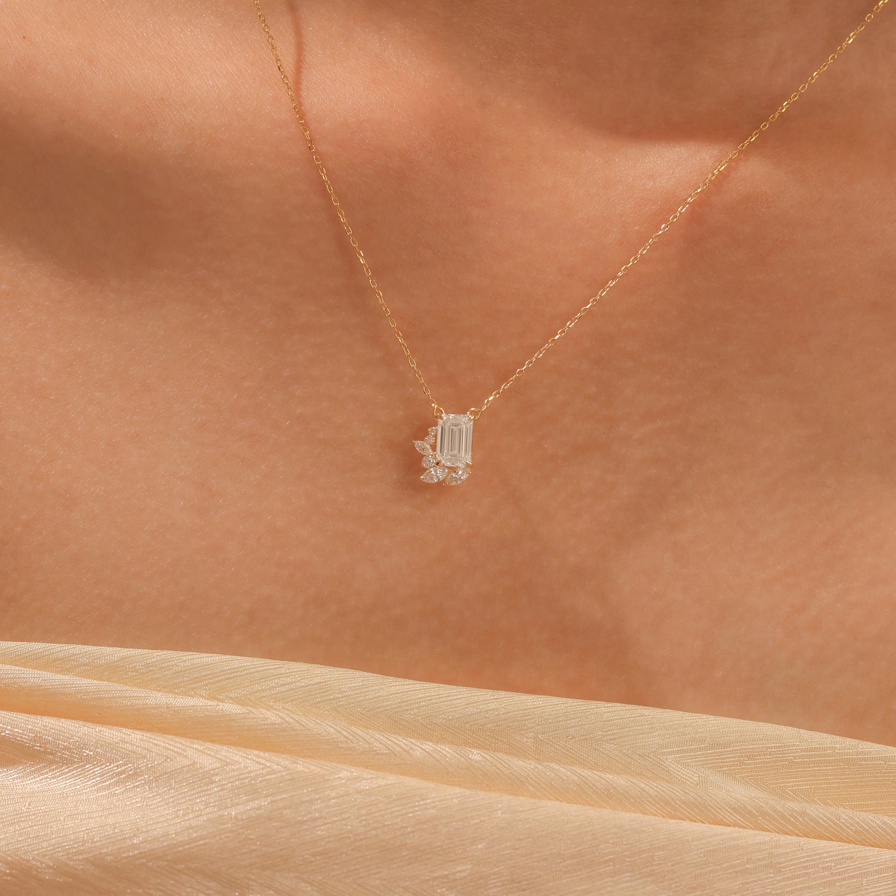 18K Yellow Gold Emerald, Round and Marquise Diamond Cluster Pendant