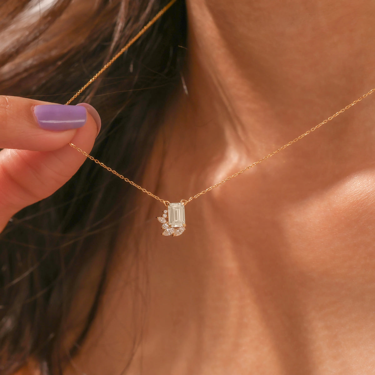 18K Yellow Gold Emerald, Round and Marquise Diamond Cluster Pendant