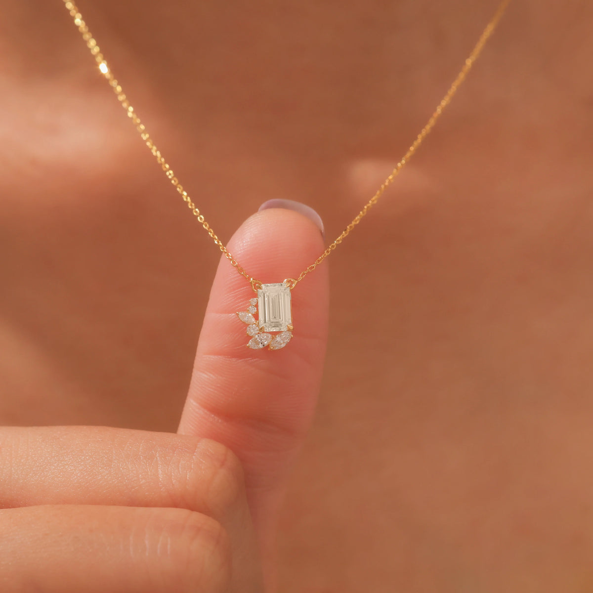 14K Yellow Gold Emerald, Round and Marquise Diamond Cluster Pendant