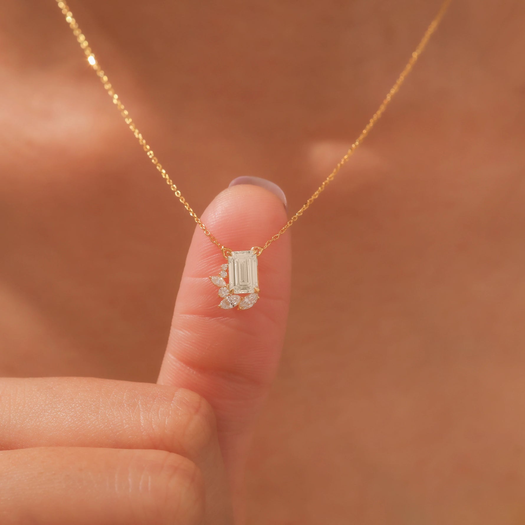 14K Yellow Gold Emerald, Round and Marquise Diamond Cluster Pendant