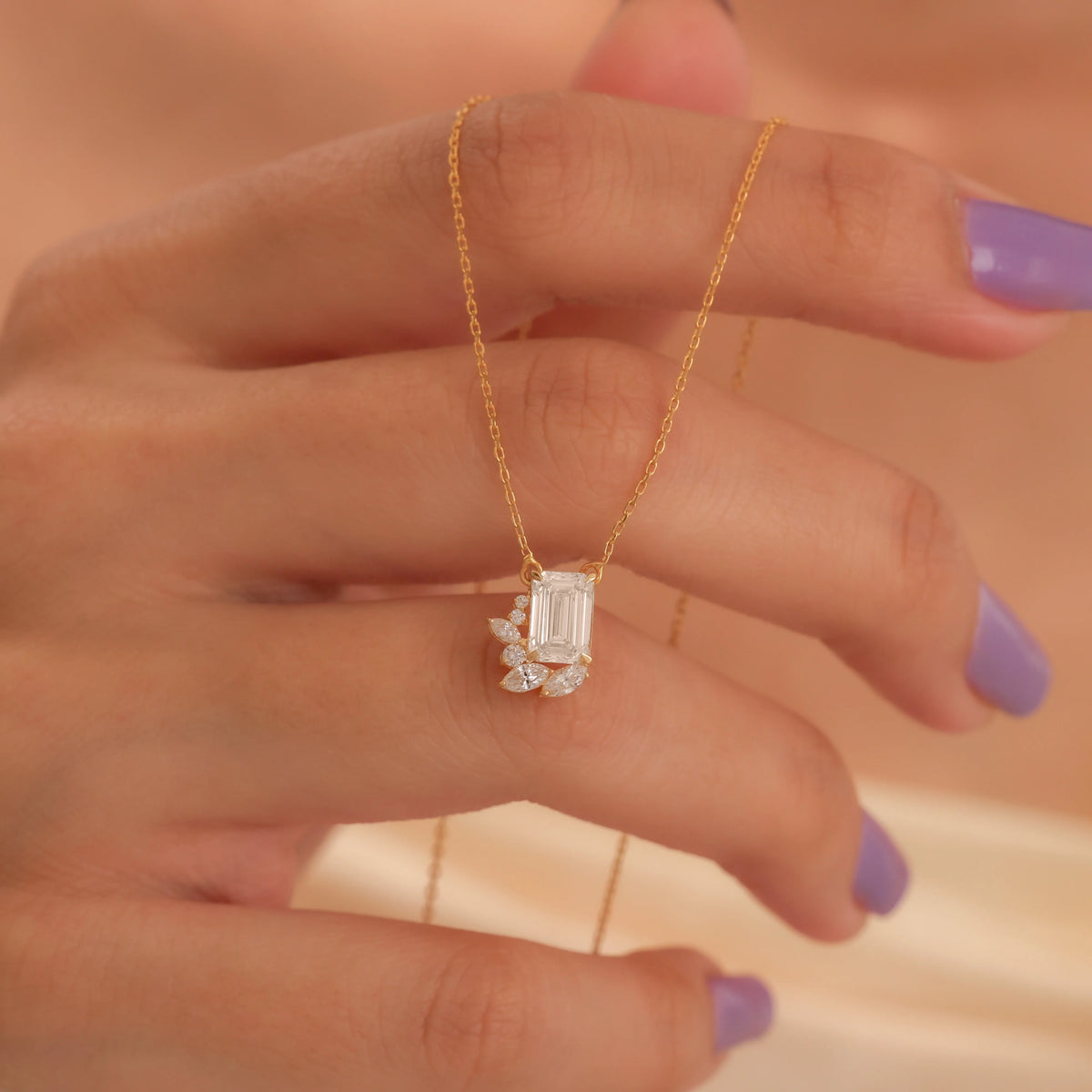 14K Yellow Gold Emerald, Round and Marquise Diamond Cluster Pendant