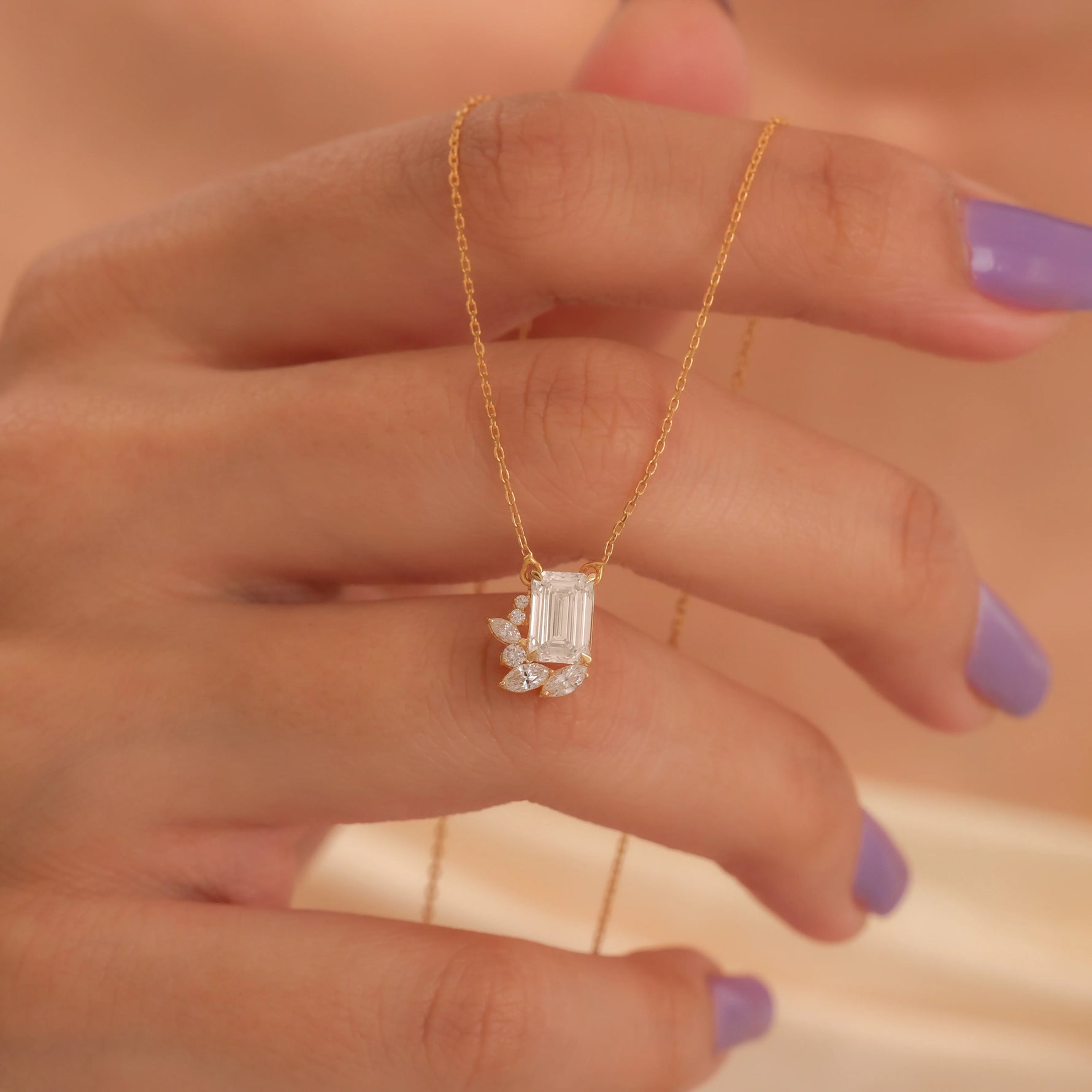 14K Yellow Gold Emerald, Round and Marquise Diamond Cluster Pendant